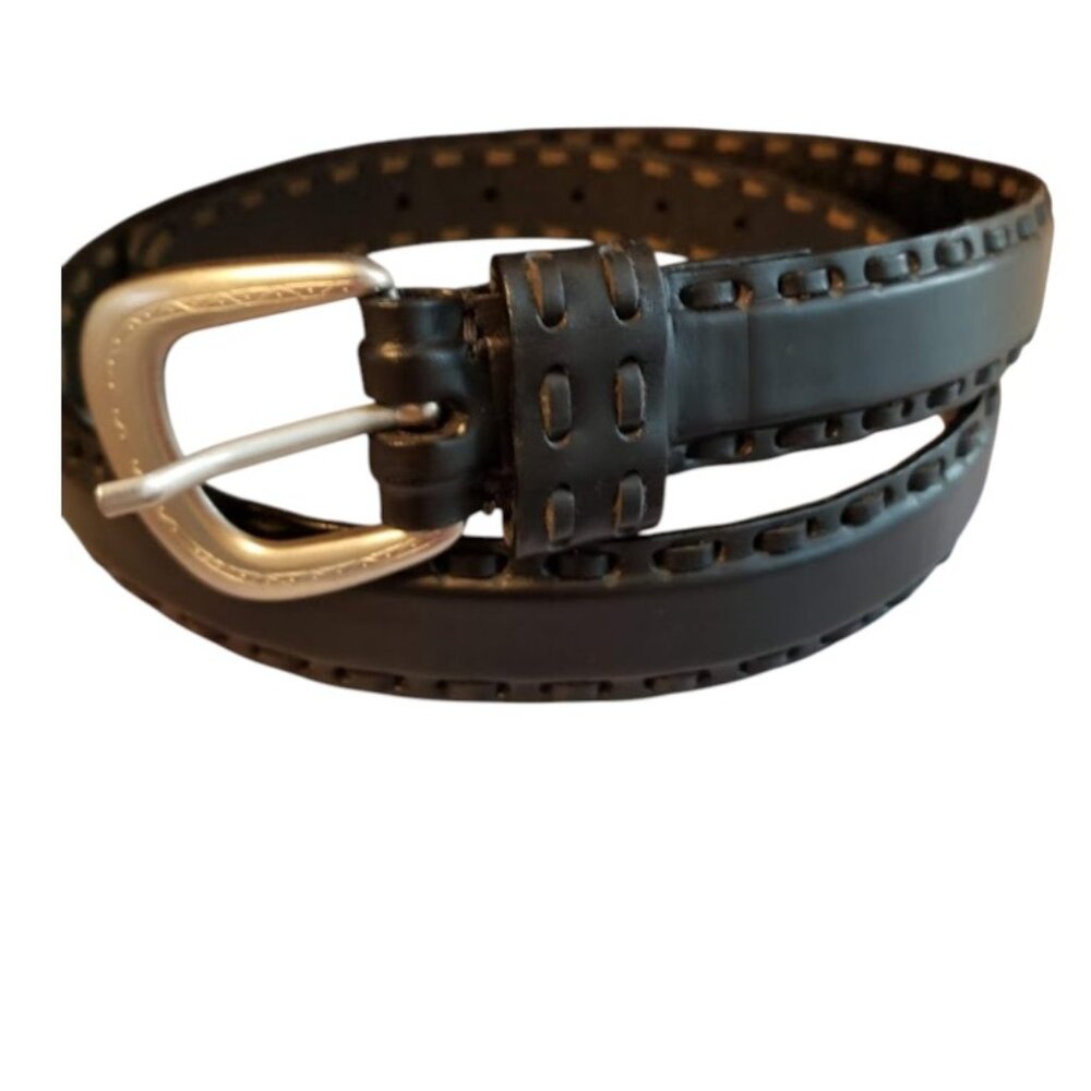 Stone Mountain Black Italian Leather Eurometal Silver Engraved Buckle, Size 36